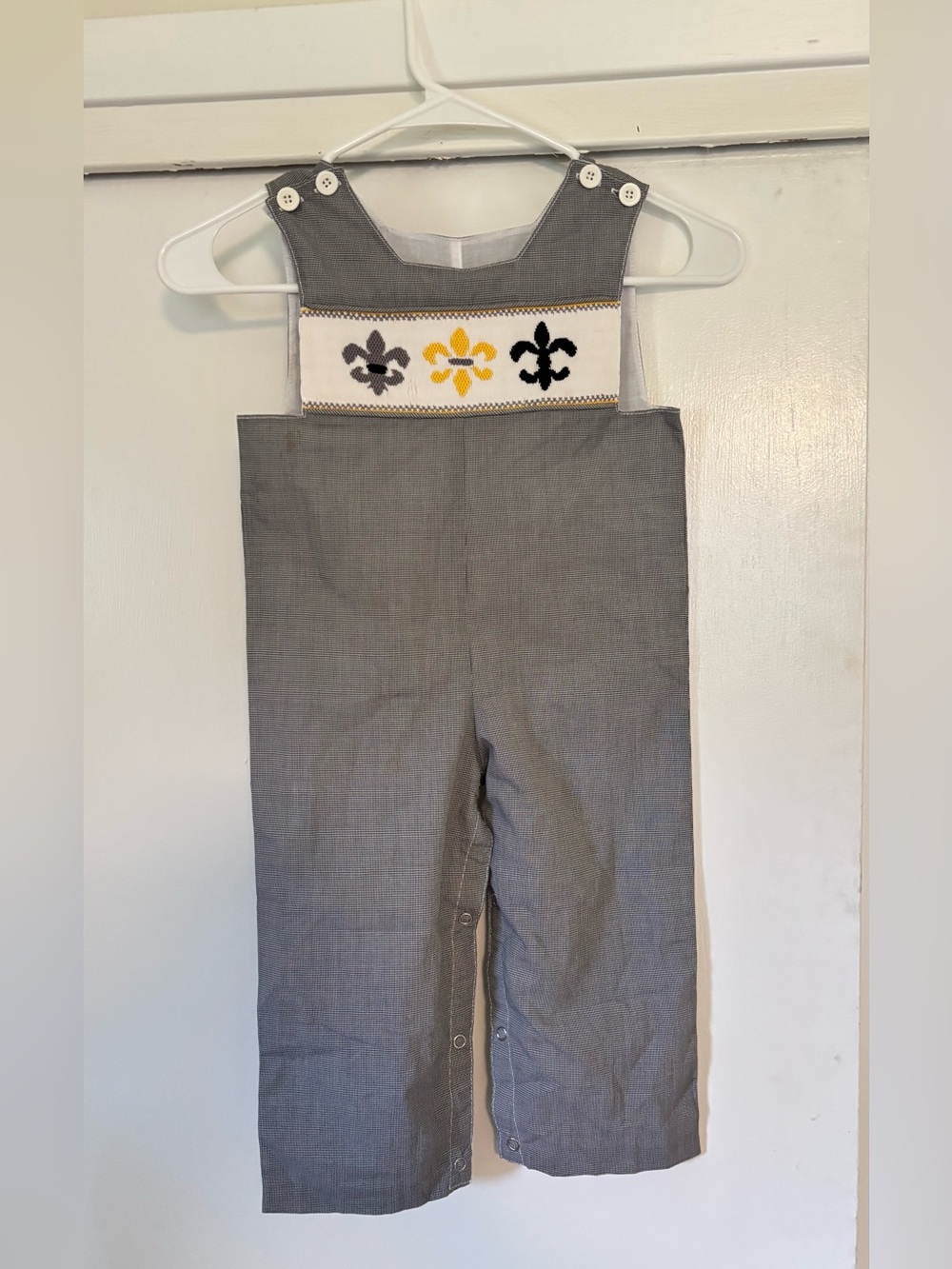 Black and White Smocked Fleur-de-Lis Kids Overalls Size 2T